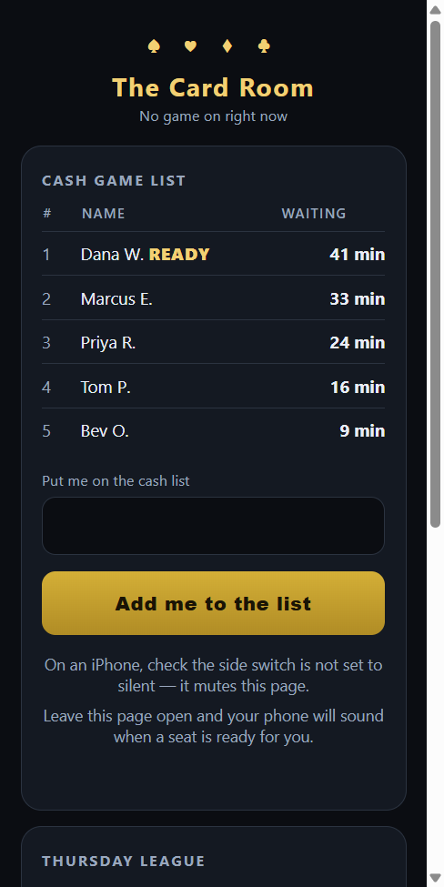 The player&rsquo;s page on a phone: the cash queue, their place in it and the season standings